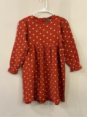 Emma Jean Rust Square-Print Long Sleeve Kids Dress 0253